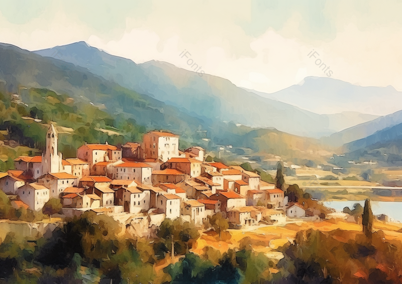 眺望山脚下的房子油画山里村庄手绘插画背景,插画/手绘图,插画/手绘图库,插画/手绘图下载,插画/手绘